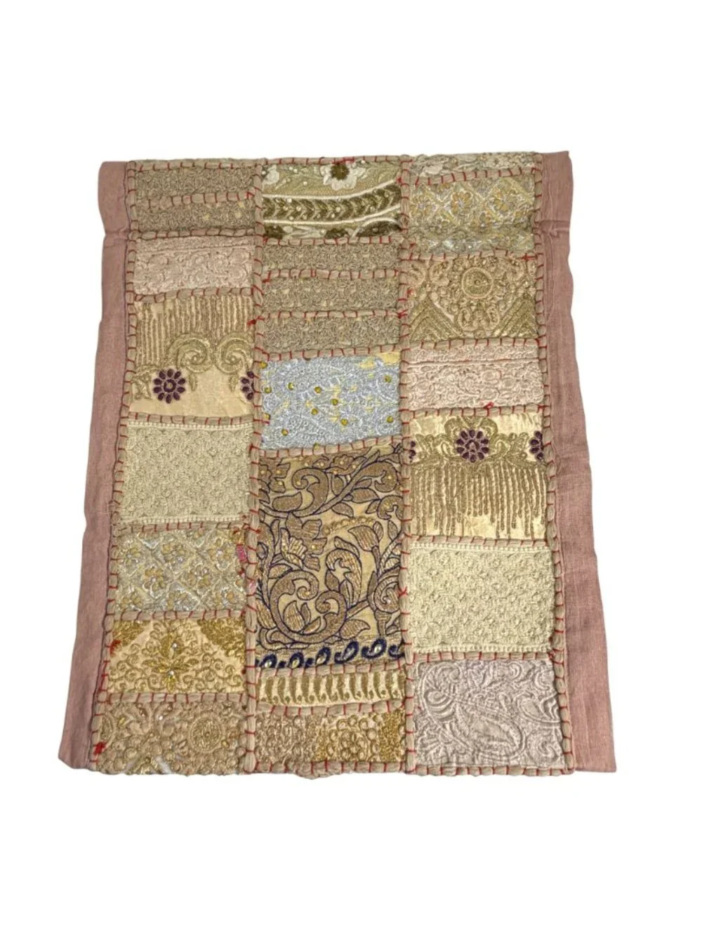 Patchwork Embroidered Table Runner Gold & Red Floral Bohemian Decor 72x16.5